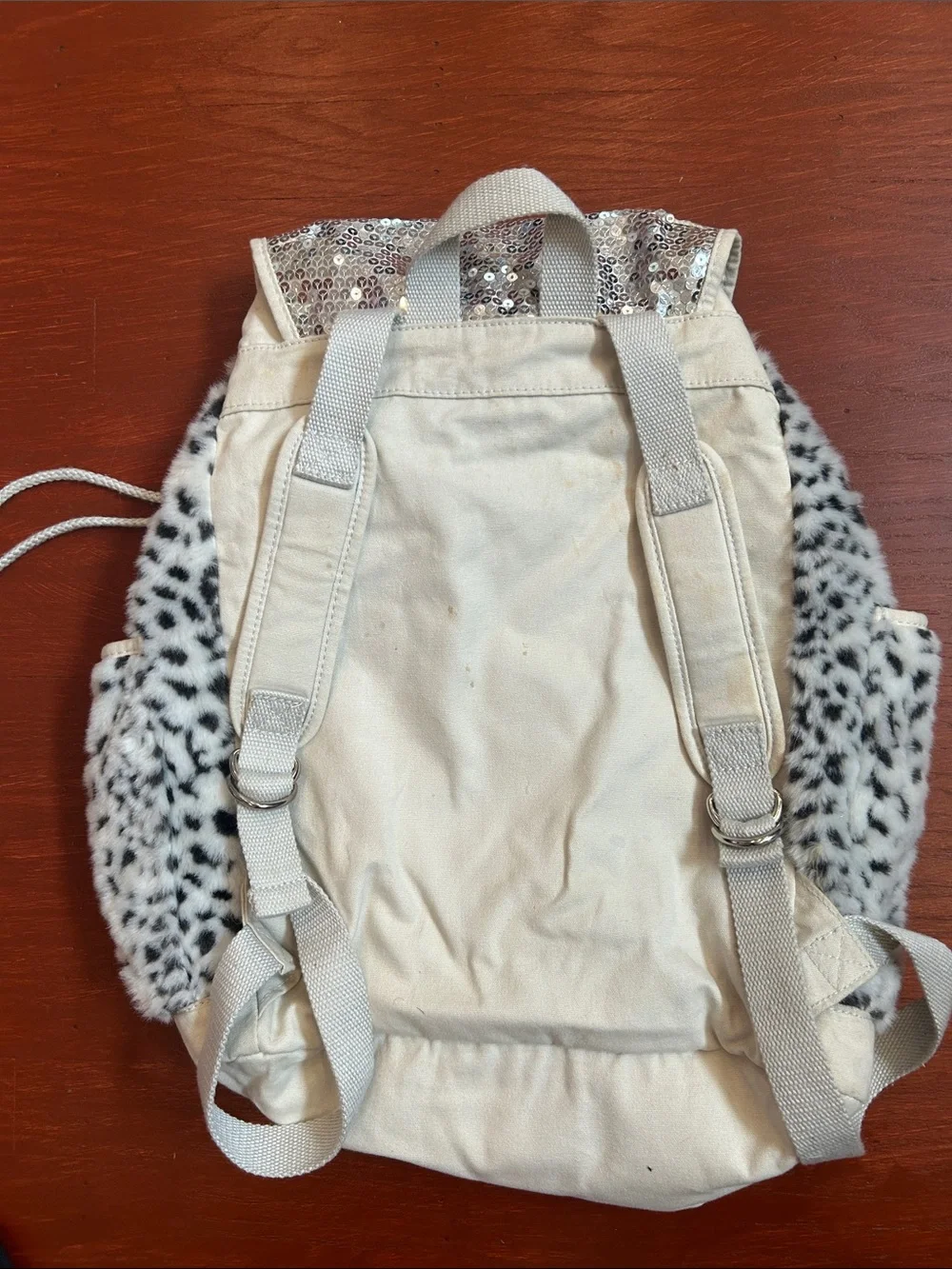 Girls White Faux Fur Leopard Backpack with Silver Sequin Accents